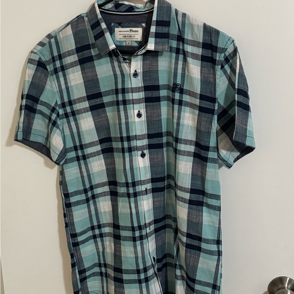 Men's Teal and Navy Plaid Button-Down Shirt